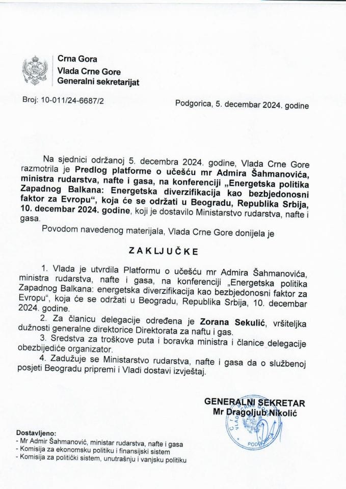 Predlog platforme o učešću mr Admira Šahmanovića, ministra rudarstva, nafte i gasa, na konferenciji „Energetska politika Zapadnog Balkana: Energetska diverzifikacija kao bezbjedonosni faktor za Evropu“ - zaključci