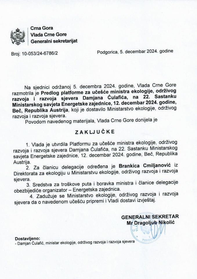 Predlog platforme za učešće ministra ekologije, održivog razvoja i razvoja sjevera Damjana Ćulafića, na 22. Sastanku Ministarskog savjeta Energetske zajednice, 12. decembar 2024. godine, Beč, Republika Austrija - zaključci