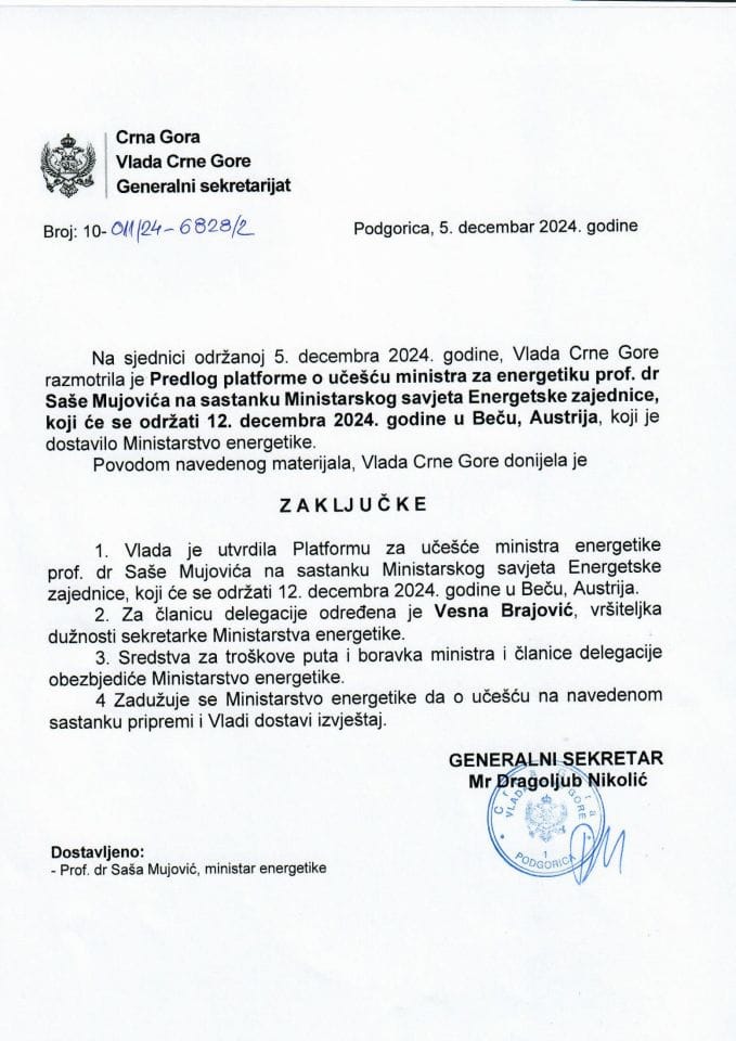 Predlog platforme o učešću ministra energetike prof. dr Saše Mujovića na sastanku Ministarskog savjeta Energetske zajednice, koji će se održati 12. decembra 2024. godine u Beču, Austrija - zaključci