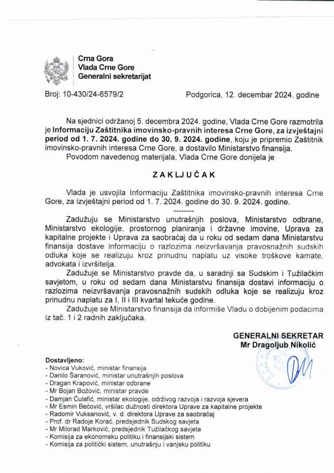 Informacija Zaštitnika imovinsko - pravnih interesa Crne Gore, za izvještajni period od 01.07.2024. godine do 30.09.2024. godine - zaključci