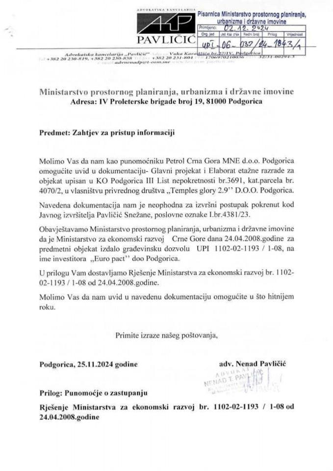 Zahtjevi - Slobodan pristup informacijama - UPI 06_037_1843_1 Adv. Nenad Pavličić