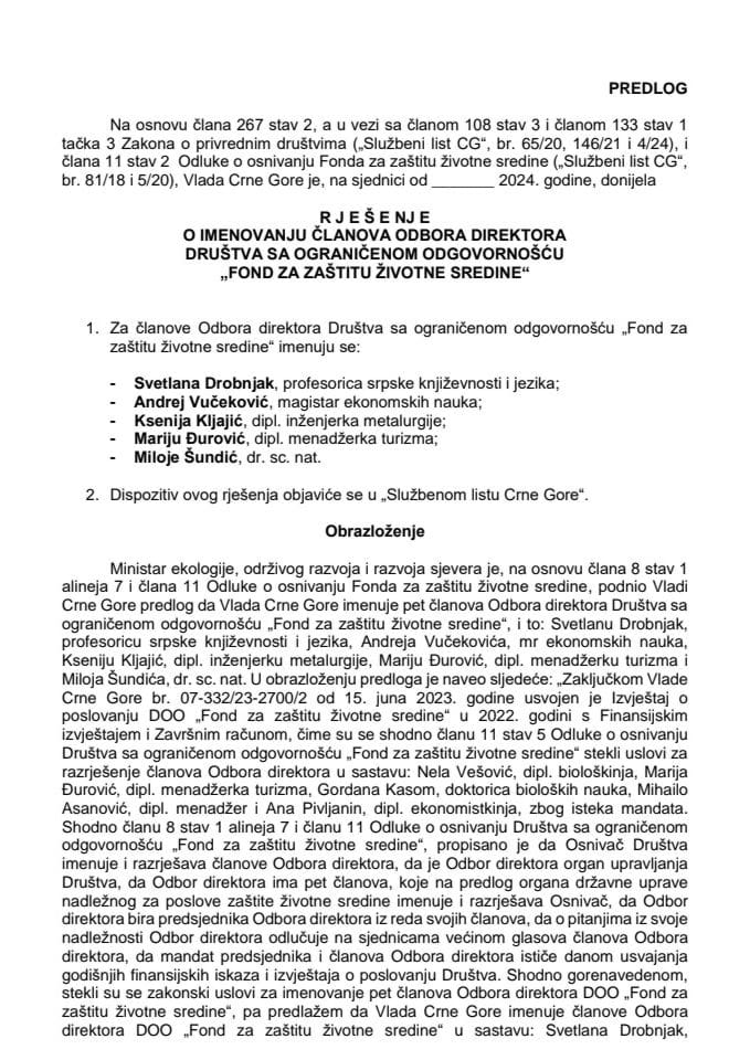 Predlog za imenovanje članova Odbora direktora Društva sa ograničenom odgovornošću „Fond za zaštitu životne sredine“