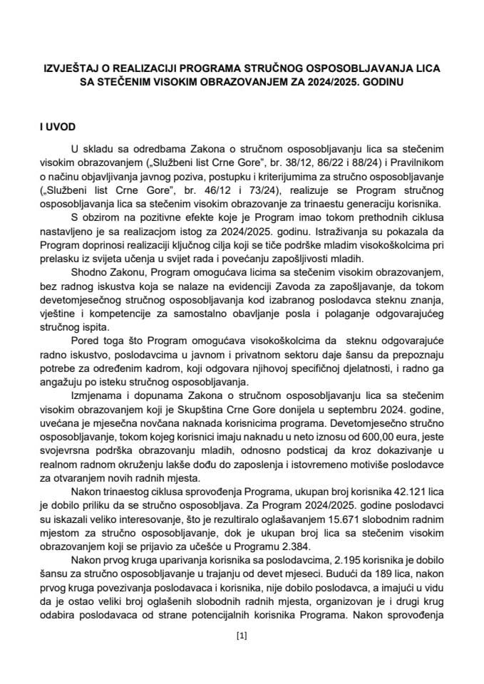 Izvještaj o realizaciji Programa stručnog osposobljavanja lica sa stečenim visokim obrazovanjem za 2024/2025. godinu