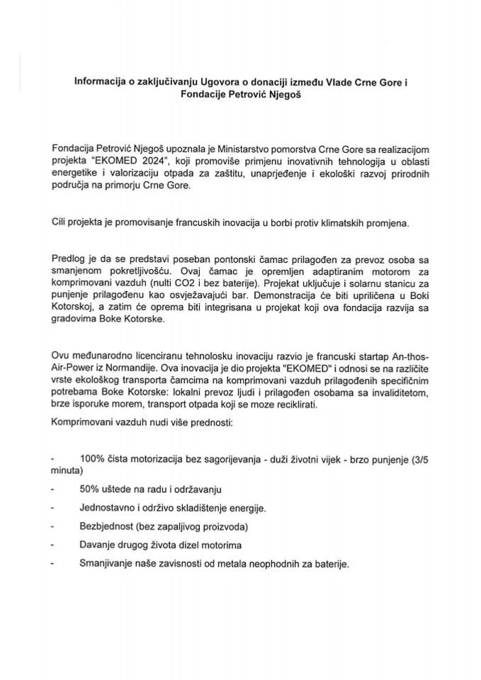 Informacija o zaključivanju Ugovora o donaciji između Vlade Crne Gore i Fondacije Petrović Njegoš