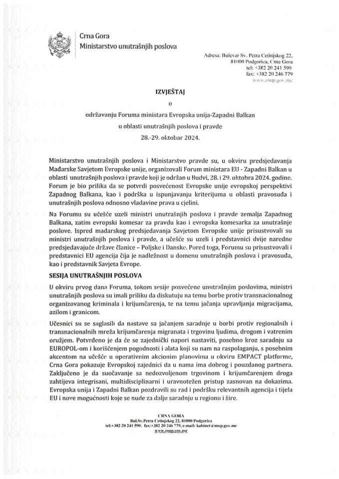 Izvještaj o održavanju Foruma ministara Evropska unija-Zapadni Balkan u oblasti pravde i unutrašnjih poslova 28-29. oktobar 2024.