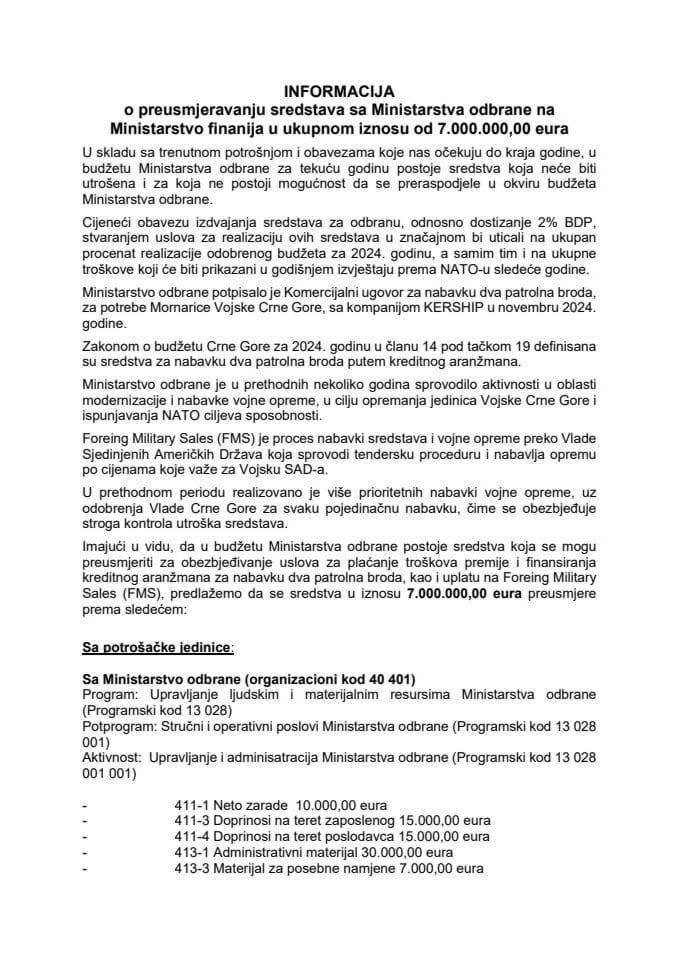 Informacija o preusmjeravanju sredstava sa Ministarstva odbrane na Ministarstvo finansija u ukupnom iznosu od 7.000.000,00 eura