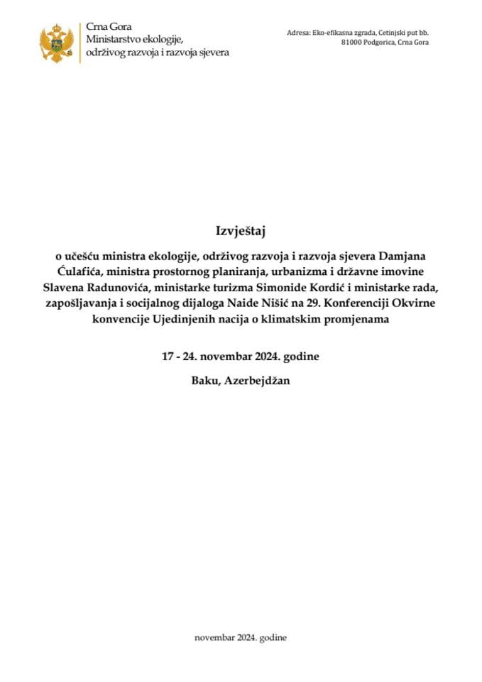 Izvještaj o učešću ministra Ćulafića, Radunovića, Kordić i Nišić na 29. Konferenciji Okvirne konvencije Ujedinjenih nacija o klimatskim promjenama