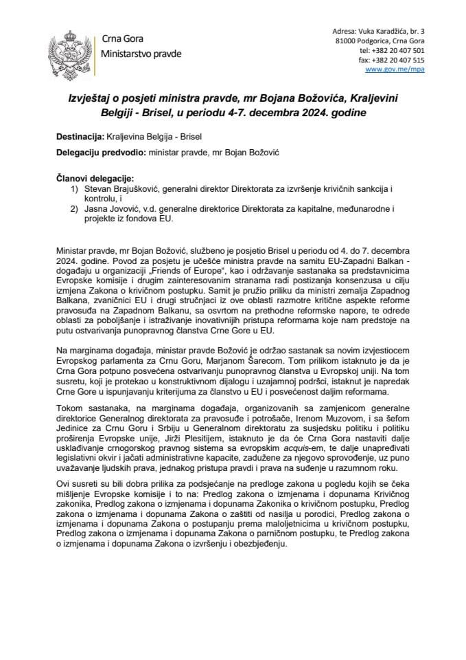 Izvještaj o posjeti ministra pravde, mr Bojana Božovića, Kraljevini Belgiji - Brisel, u periodu 4-7. decembra 2024. godine