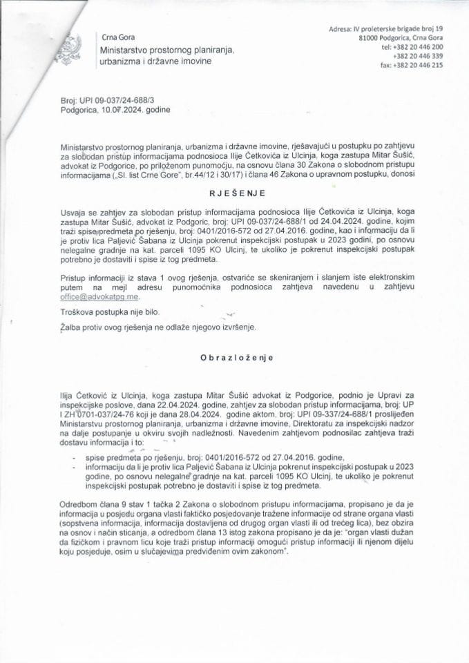 Rješenja - Slobodan pristup informacijama - UPI 09-037-24-688-3 Rješenje advokat Mitar Šušić