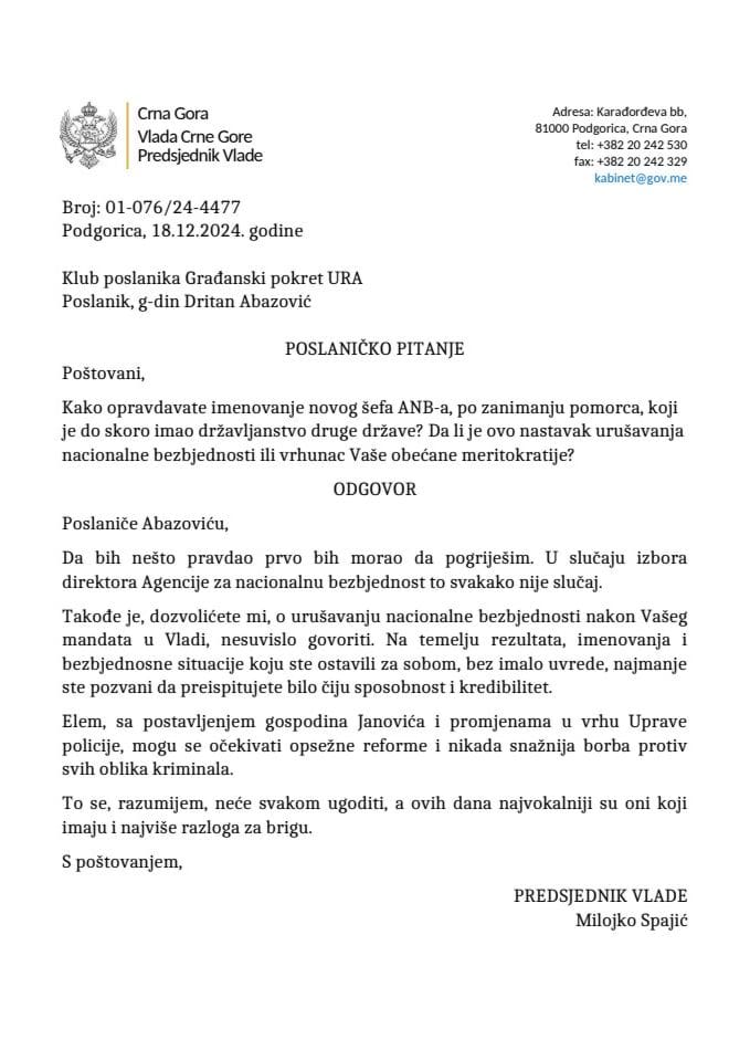 Premijerski sat: Odgovor predsjednika Vlade Milojka Spajića na poslaničko pitanje Dritana Abazovića