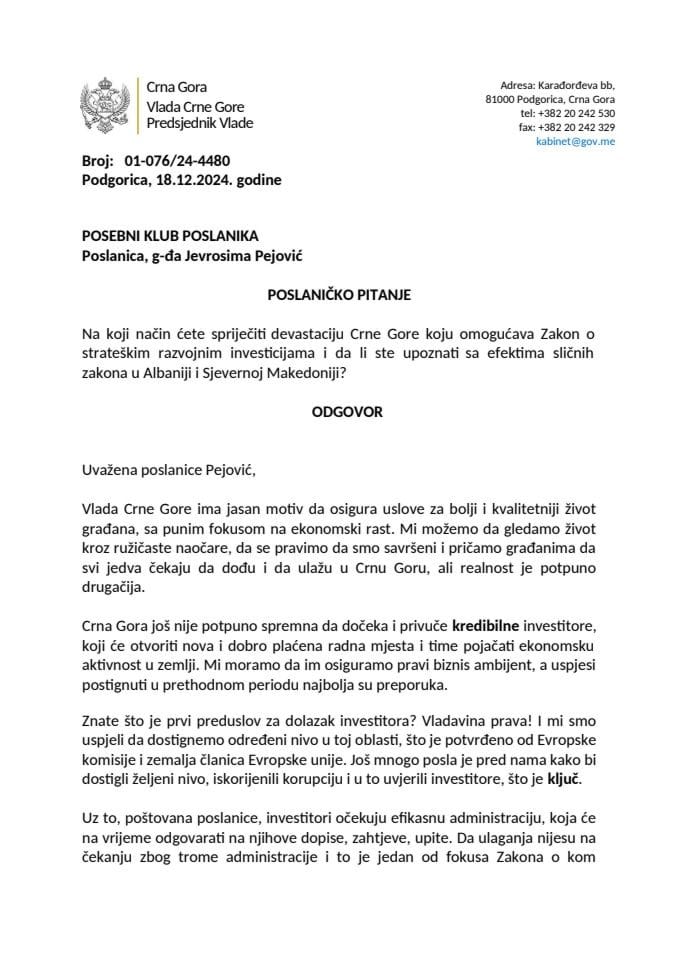 Premijerski sat: Odgovor predsjednika Vlade Milojka Spajića na poslaničko pitanje Jevrosime Pejović