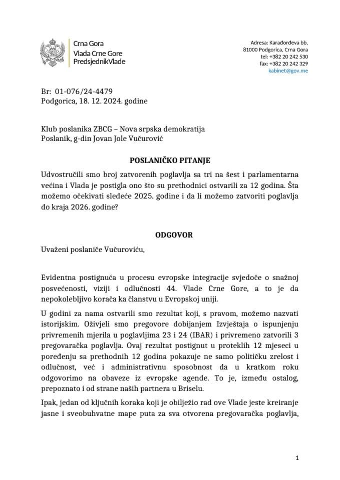 Premijerski sat: Odgovor predsjednika Vlade Milojka Spajića na poslaničko pitanje Jovana Vučurovića