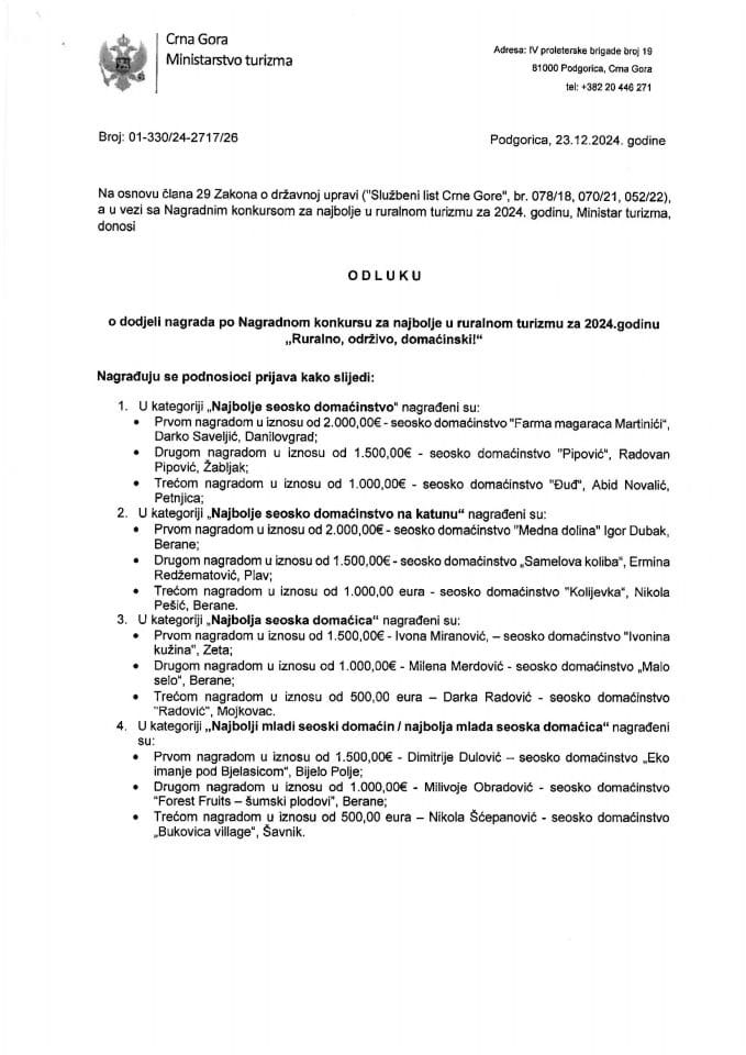 Odluka o dodjeli nagrada ро Nagradnom konkursu za najbolje u ruralnom turizmu za 2024.godinu "Ruralno, održivo, domaćinski!"