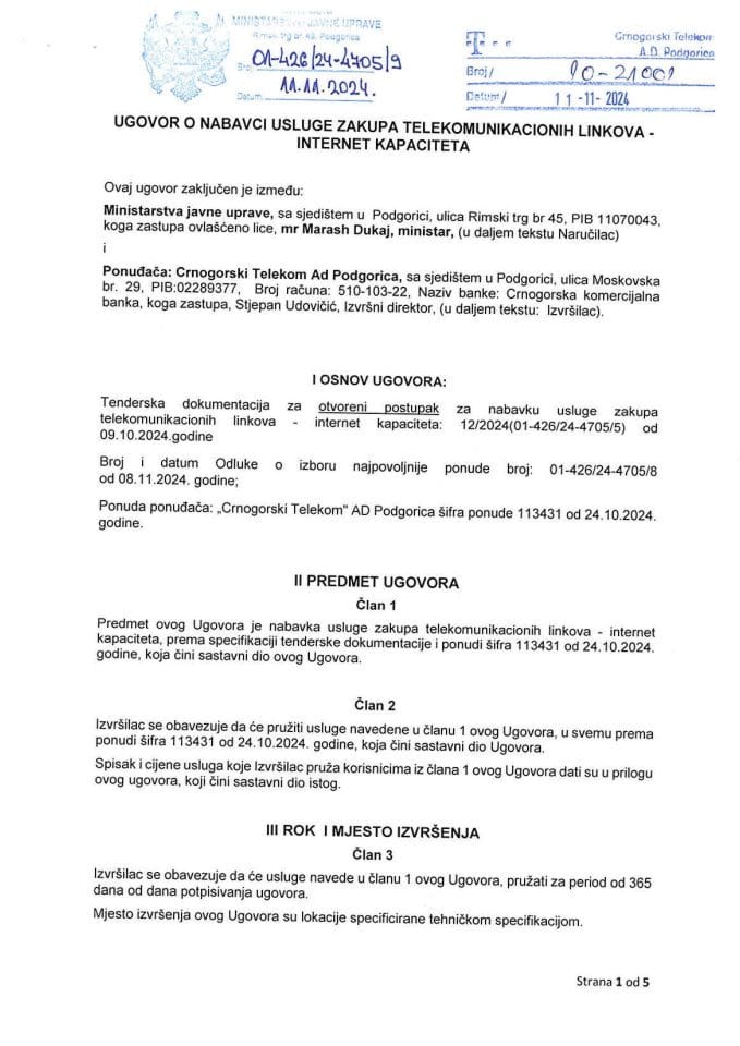 Ugovor Internet kapaciteti 2024