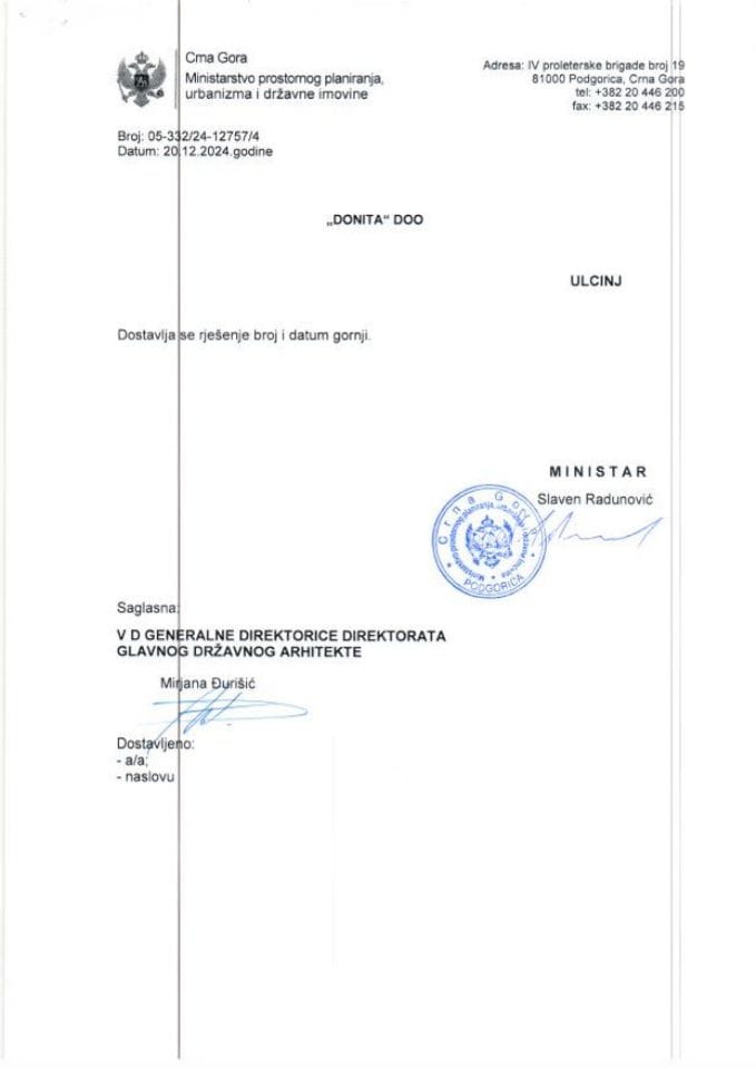 Rješenja glavnog državnog arhitekte - 20.12.2024 Rješenje -DONITA DOO, Ulcinj -Opština Ulcinj
