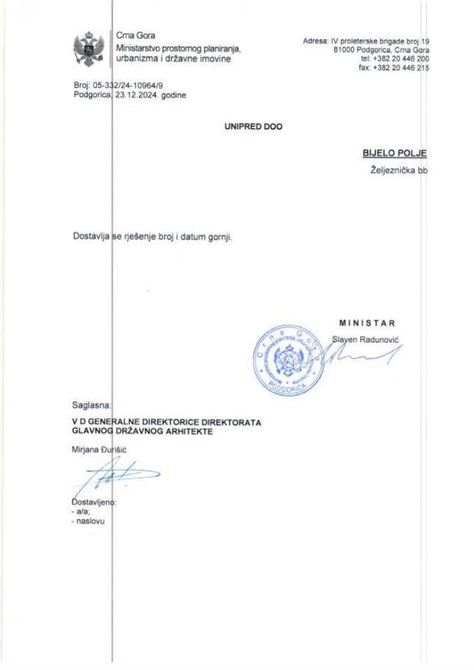 Rješenja glavnog državnog arhitekte - 23.12.2024 Rješenje -UNIPRED DOO, Bijelo Polje -Glavni grad Podgorica