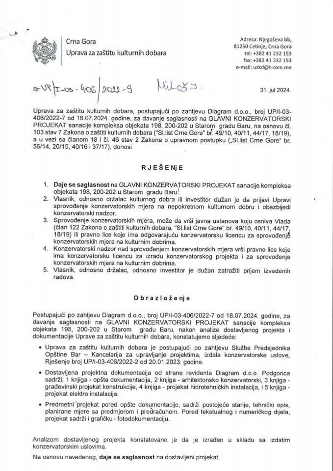 Rješenje o saglasnosti na konzervatorski projekat UP-I-03-406-2022-9