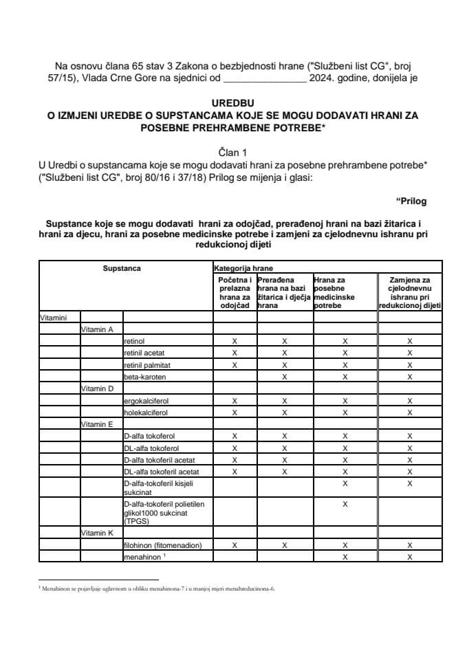 Предлог уредбе о измјени Уредбе о супстанцама које се могу додавати храни за посебне прехрамбене потребе⃰