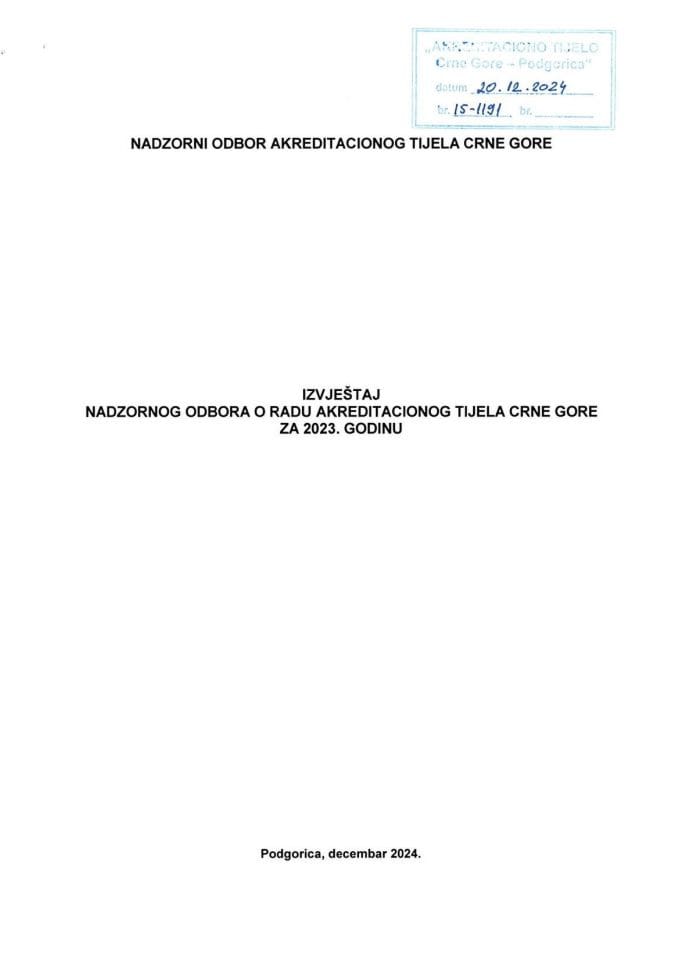 Izvještaj Nadzornog odbora o radu Akreditacionog tijela Crne Gore za 2023. godinu