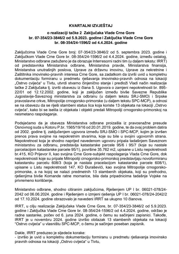 Kvartalni izvještaj o realizaciji tačke 2 Zaključka Vlade Crne Gore br. 07-354/23-3846/2, od 5.9.2023. godine i Zaključka Vlade Crne Gore, br. 08-354/24-1596/2, od 4.4.2024. godine