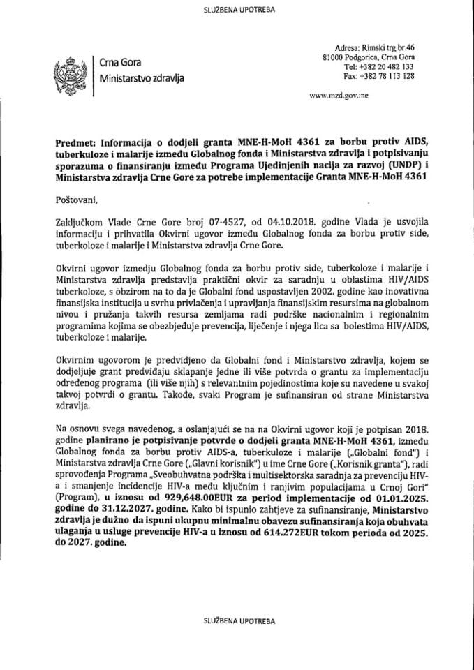 Informacija o dodjeli granta MNE-H-MoH 4361 za borbu protiv AIDS, tuberkuloze i malarije između Globalnog fonda i Ministarstva zdravlja