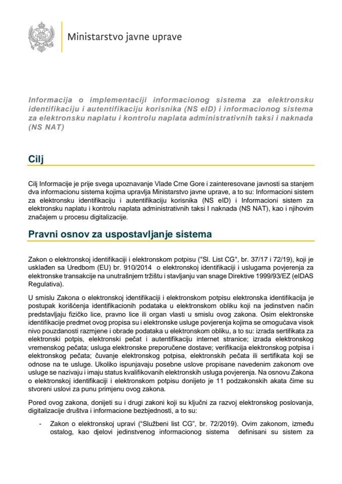 Информација о имплементацији информационог система за електронску идентификацију и аутентификацију корисника (NS eID) и информационог система за електронску наплату и контролу наплата административних такси и накнада (NS NAT)