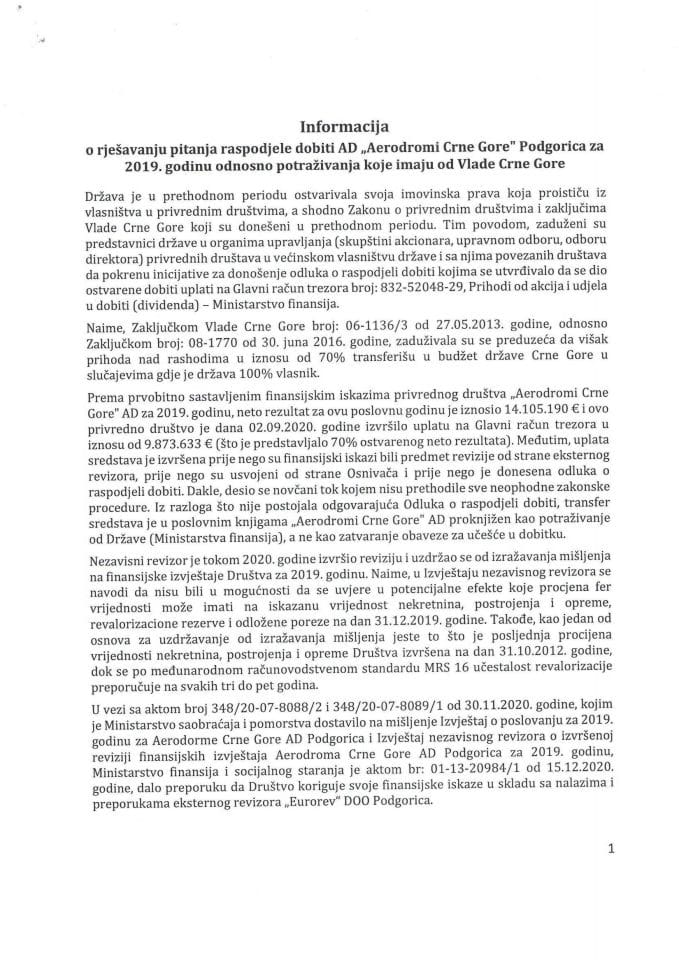 Informacija o rješavanju pitanja raspodjele dobiti AD „Aerodromi Crne Gore“ Podgorica za 2019. godinu odnosno potraživanja koje imaju od Vlade Crne Gore