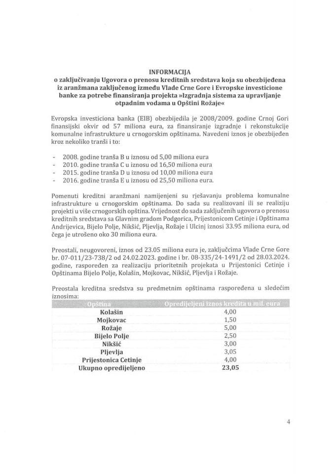 Informacija o zaključivanju Ugovora o prenosu kreditnih sredstava koja su obezbijeđena iz aranžmana zaključenog između Vlade CG i EIB za potrebe finansiranja projekta „Izgradnja sistema za upravljanje otpadnim vodama u Opštini Rožaje“