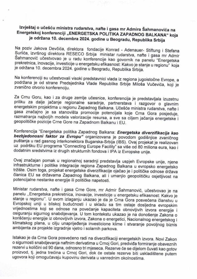 Izvještaj o učešću ministra rudarstva, nafte i gasa mr Admira Šahmanovića na Energetskoj konferenciji „Energetska politika Zapadnog Balkana“ 10. decembra 2024. godine, u Beogradu, Republika Srbija