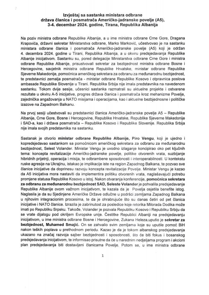 Izvještaj sa sastanka ministara odbrane država članica i posmatrača Američko-jadranske povelje (A5), 3−4. decembar 2024. godine, Tirana, Republika Albanija