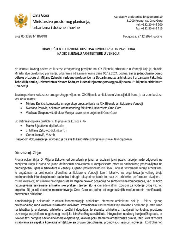 Обавјештење о избору кустоса црногорског павиљона на XИX Бијеналу архитектуре у Венецији