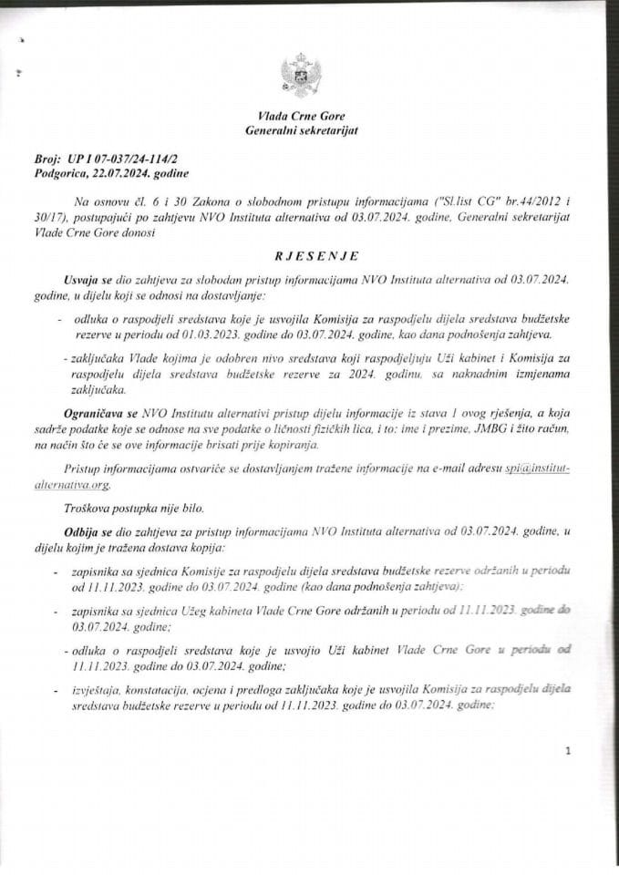 Informacija kojoj je pristup odobren po zahtjevu NVO Institut alternativa od 03.07.2024. godine – UP I 07-037/24-114/2