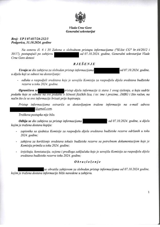 Informacija kojoj je pristup odobren po zahtjevu od 07.10.2024. godine – UP I - 07-037/24-232/3