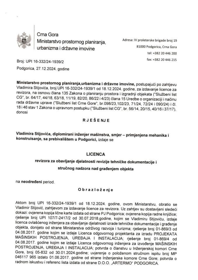 Licenca revizora za mašinsku djelatnost - UPI 16-332-24-1939-2 VLADIMIR STIJOVIĆ