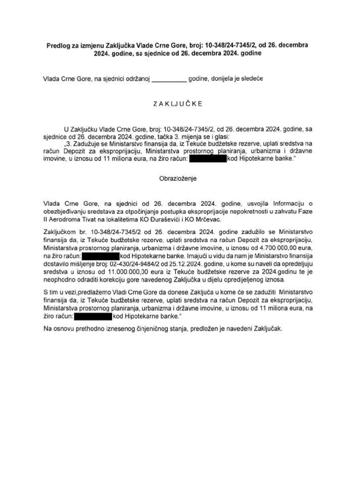 Predlog za izmjenu Zaključka Vlade Crne Gore, broj: 10-348/24-7345/2, od 26. decembra 2024. godine, sa sjednice od 26. decembra 2024. godine