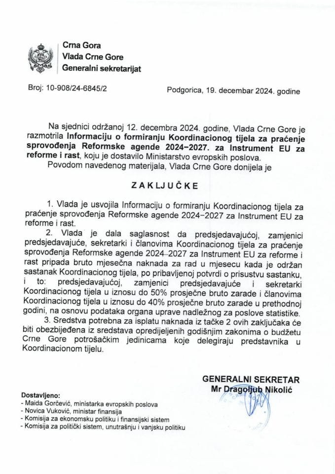 Информација о формирању Координационог тијела за праћење спровођења Реформске агенде 2024−2027 за Инструмент ЕУ за реформе и раст - закључци