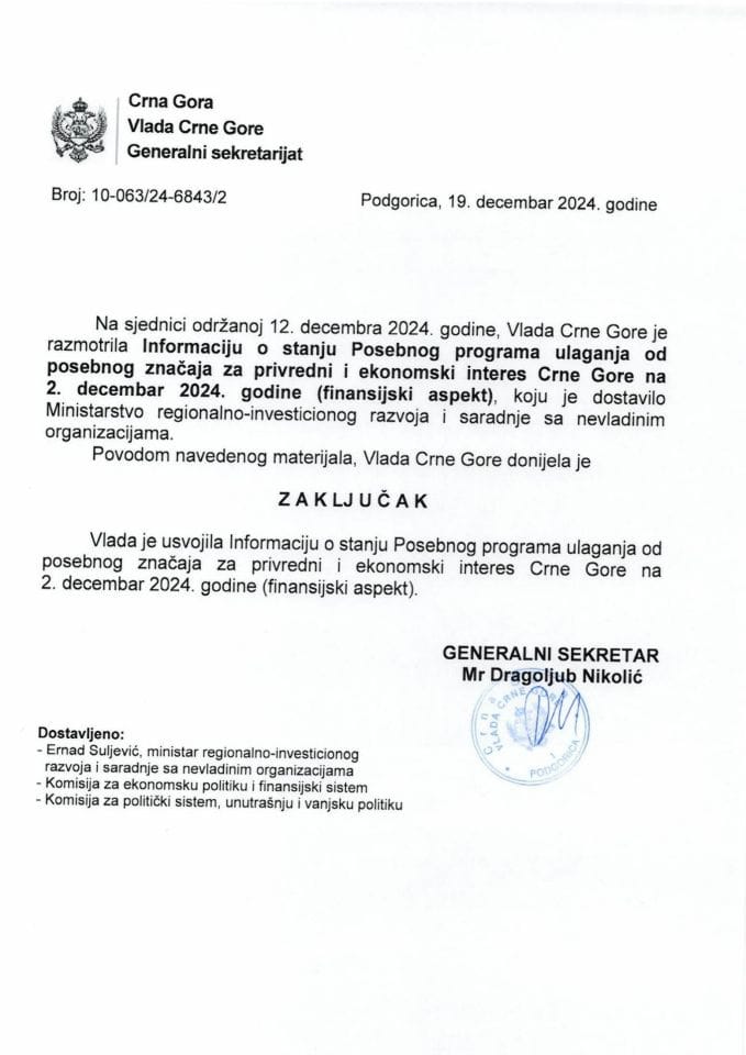 Информација о стању Посебног програма улагања од посебног значаја за привредни и економски интерес Црне Горе на 02. децембар 2024. године (финансијски аспект) - закључци