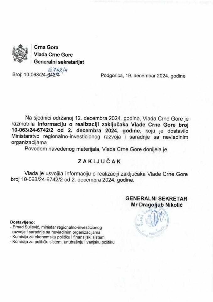 Informacija o realizaciji zaključaka Vlade Crne Gore, broj: 10-063/24-6742/2, od 02. decembra 2024. godine - zaključci