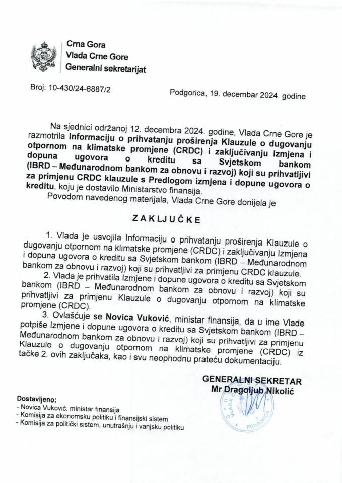 Информација о прихватању проширења Клаузуле о дуговању отпорном на климатске промјене (CRDC) и закључивању Измјена и допуна Уговора о кредиту са Свјетском банком - закључци