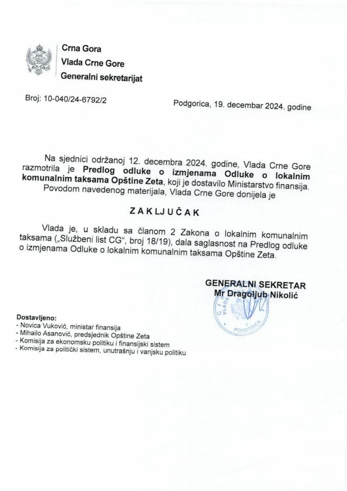 Предлог одлуке о измјенама Одлуке о локалним комуналним таксама општине Зета - закључци