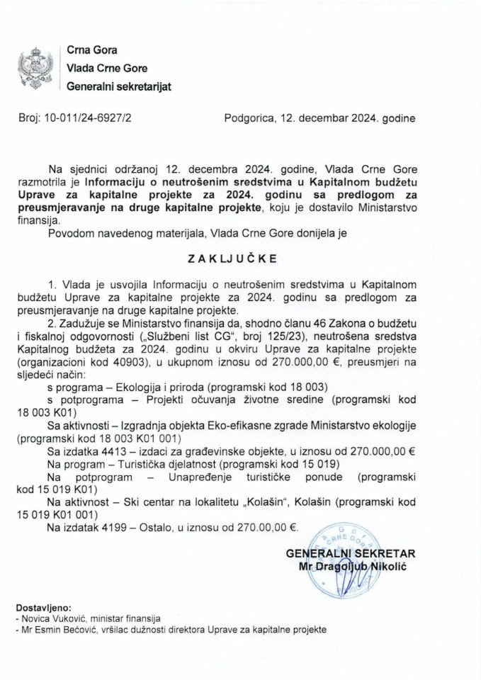 Informacija o neutrošenim sredstvima u Kapitalnom budžetu Uprave za kapitalne projekte za 2024. godinu sa predlogom za preusmjeravanje na druge kapitalne projekte - zaključci