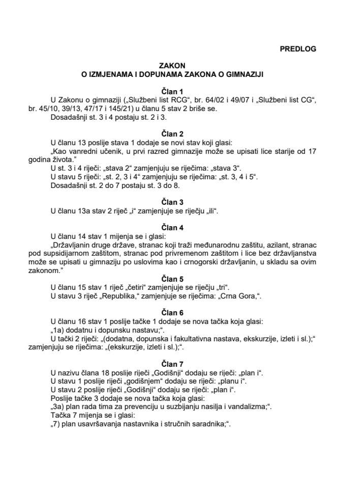 Predlog zakona o izmjenama i dopunama Zakona o gimnaziji