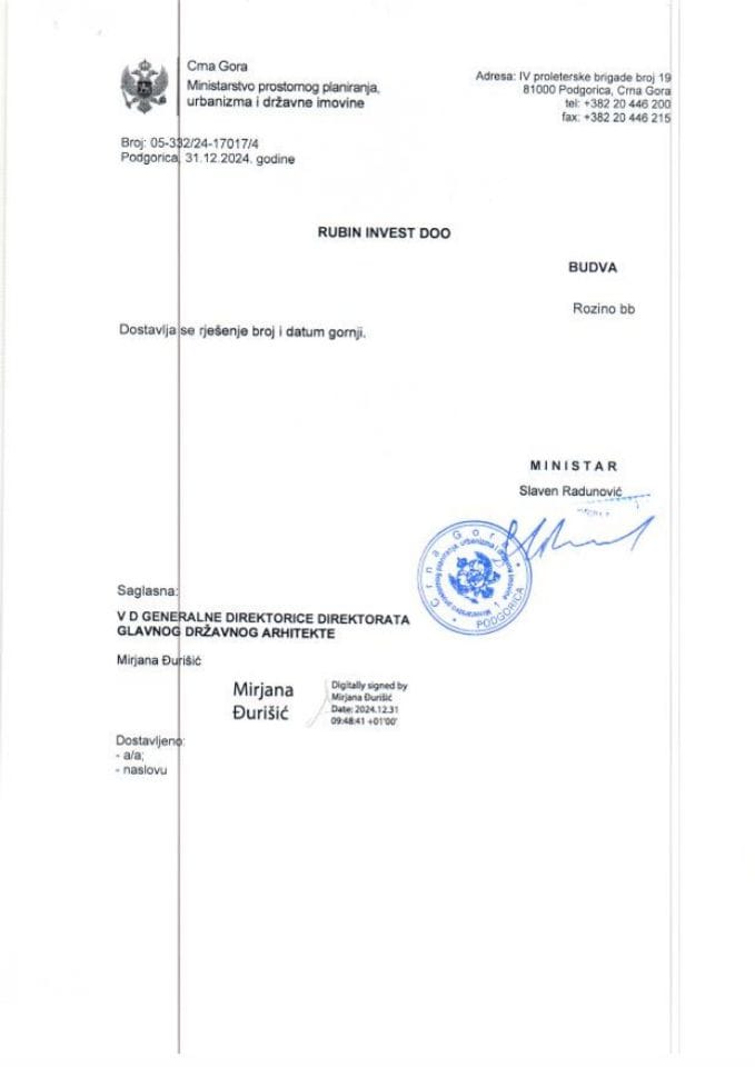 Rješenja glavnog državnog arhitekte - 30.12.2024 Rješenje -RUBIN INVEST DOO, Podgorica -Opština Budva