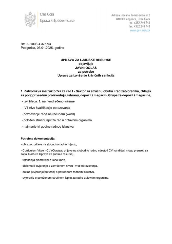 Javni oglas. Uprava za izvršenje krivičnih sankcija