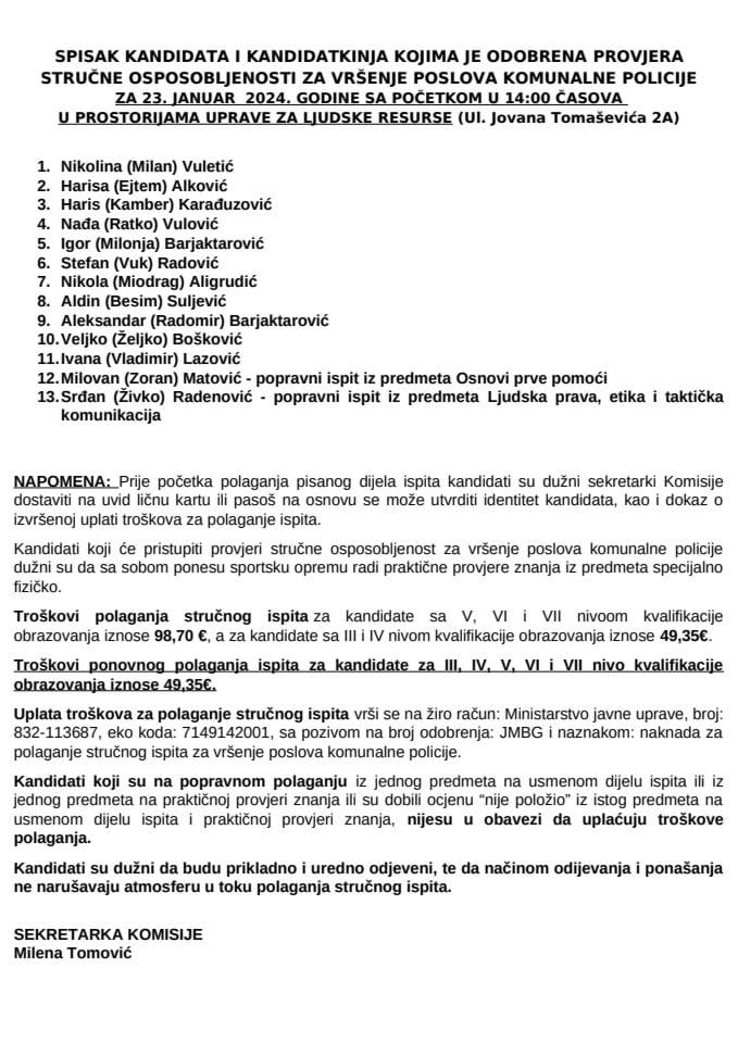 Списак кандидата - 23. јануар 2025.  комунални полицајци