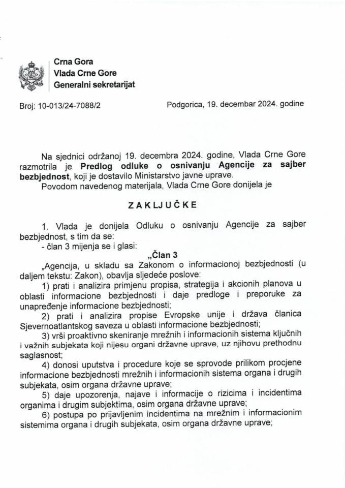 Predlog odluke o osnivanju Agencije za sajber bezbjednost - zaključci