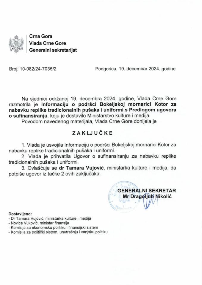 Informacija o podršci Bokeljskoj mornarici Kotor za nabavku replike tradicionalnih pušaka i uniformi s Predlogom ugovora o sufinansiranju - zaključci