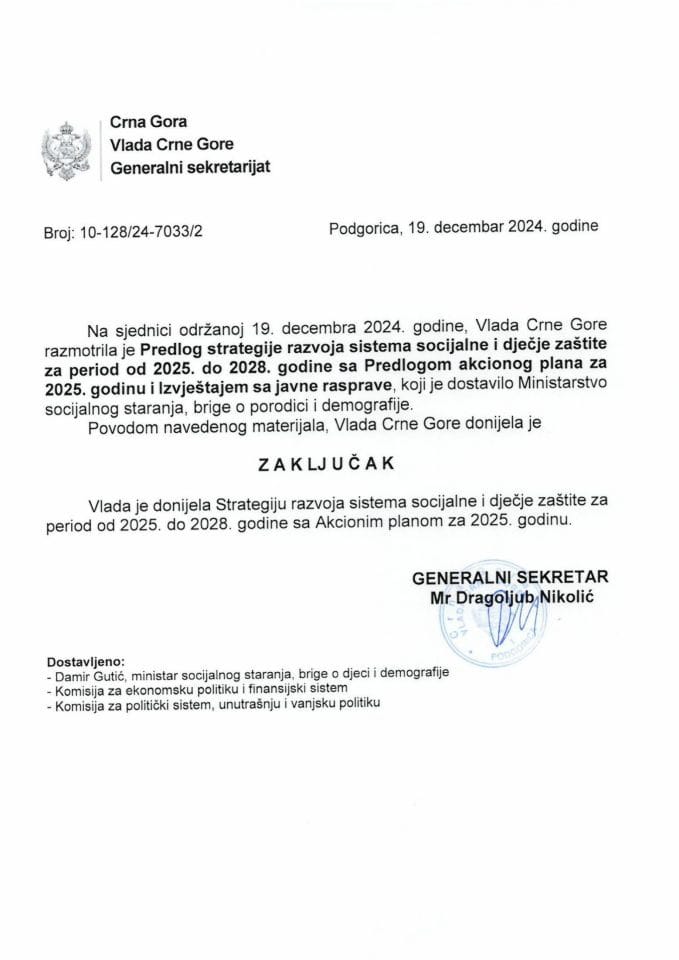 Predlog strategije razvoja sistema socijalne i dječje zaštite za period od 2025. do 2028. godine s Predlogom akcionog plana za 2025. godinu i Izvještajem sa javne rasprave - zaključci