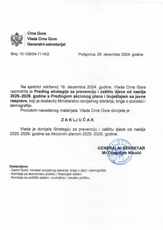 Predlog strategije za prevenciju i zaštitu djece od nasilja 2025-2029. godine s Predlogom akcionog plana 2025-2026. godine i Izvještajem sa javne rasprave - zaključci