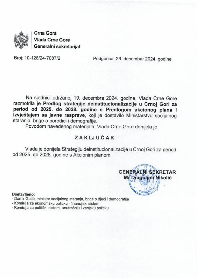 Predlog strategije deinstitucionalizacije u Crnoj Gori za period od 2025. do 2028. godine s Predlogom akcionog plana za 2025. godinu i Izvještajem sa javne rasprave - zaključci